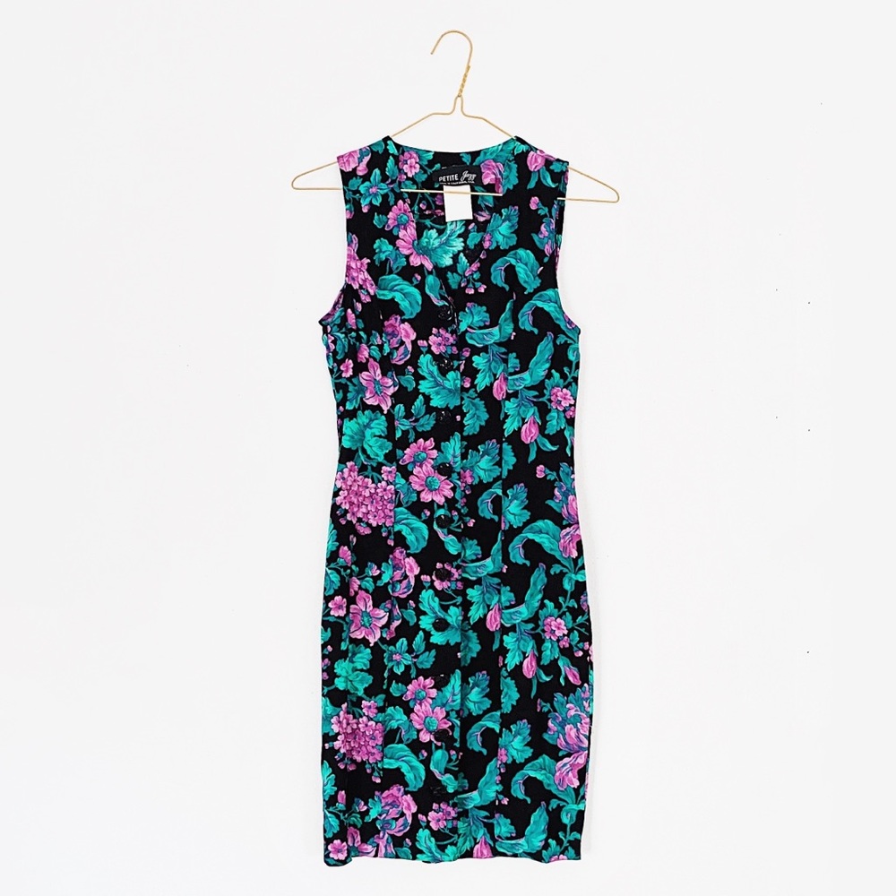 80s / 90s petite jazz bold floral mini dress - VTG black purple teal sheath - Picture 2 of 11